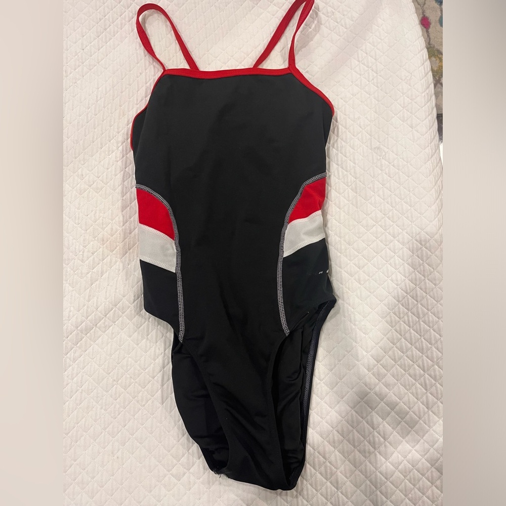 Sporti Thin Strap One Piece Swimsuit: Black, Red, and White Contrast SIZE 28